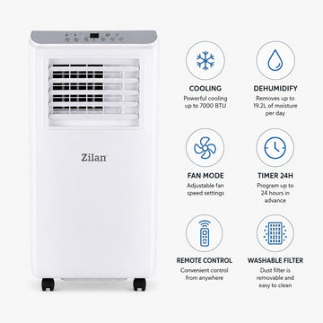 Aer conditionat portabil Zilan ZLN2495, 7000 BTU, functie racire dezumidificare ventilatie, telecomanda, alb