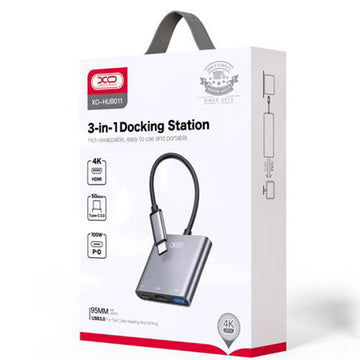 XO HUB011, MultiHUB USB 3in1, USB-C, HDMI, USB-A, Transmisie 5GBps, Functie de Incarcare, Tranish