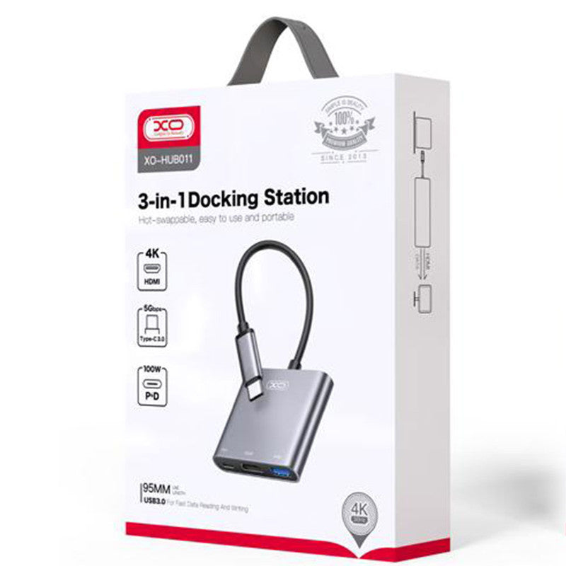 XO (HUB011) - MultiHUB USB 3in1, USB-C, HDMI, USB-A, transmisie 5GBps, functie de incarcare, Tranish