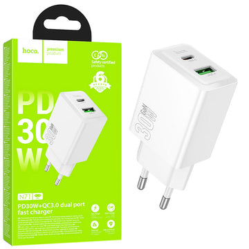 Hoco N71, Incarcatoare Priza, 1xUSB-C, 1XUSB-A, PD30W, QC3.0 Fast Charger - Alb