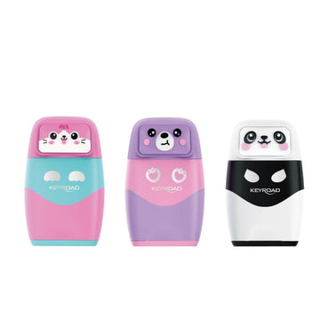 Ascutitoare simpla Keyroad Bounce Buddies KR980094, 1 orificiu, plastic, cu radiera, cu rezervor, diverse fete animalute