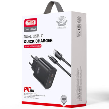 Incarcator Retea + Cablu Lightning XO L105, 35W, 2xUSB-C, PD - Negru