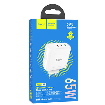 Incarcator Retea Hoco N30, GaN, 65W, 2xUSB-C, 1xUSB-A, PD, QC 3.0 - Alb