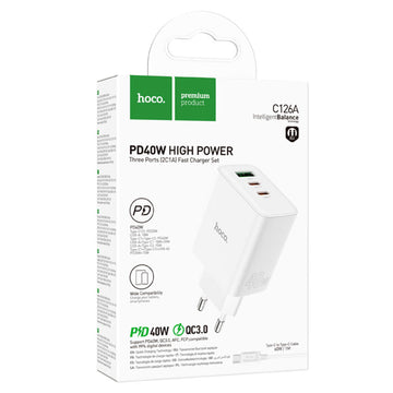Incarcator Retea + Cablu USB-C Hoco C126A, 40W, 2xUSB-C, 1xUSB-A, PD, QC 3.0 - Alb