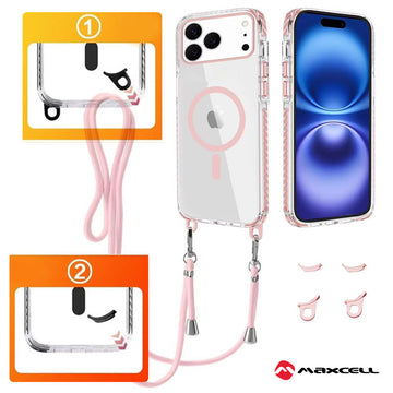 Husa MagFrame pentru iPhone 15 Pro Max, AntiDrop 2in1, Snur Detasabil - Transparent / Pink Frame