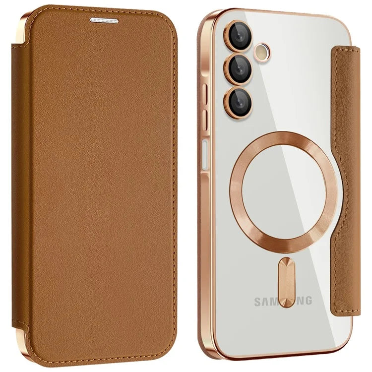 Husa MagFlip - Samsung A15, Magnet, RFID protect, Leather, Chrome Edge, Gold