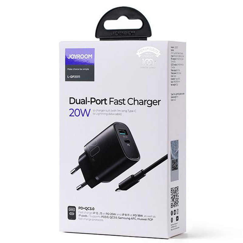 Joyroom (L-QP2011) - Incarcator Retea + Cablu Lightning, 20W, 1xUSB-C, 1xUSB-A, PD, QC 3.0, Black