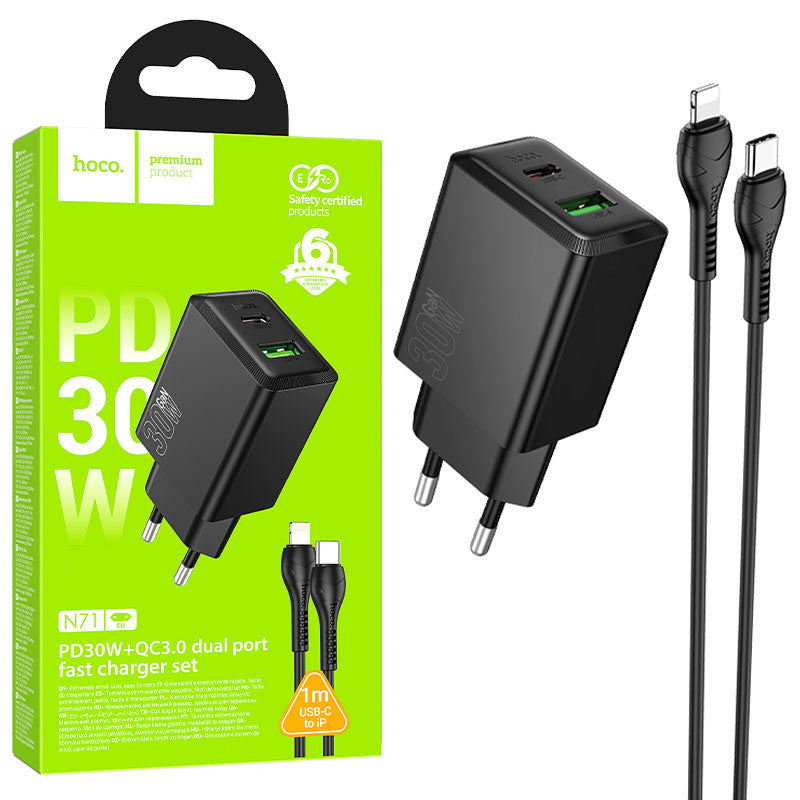 Hoco (N71) - Incarcator Retea cu Lightning, PD25W + QC 3.0 18W, 1xUSB-C, 1xUSB-A, Black