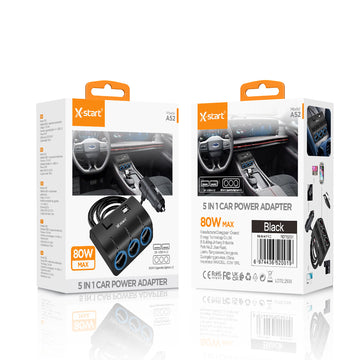 Incarcator Auto X-Start A52, 5 in 1, 80W, 2xUSB-A, 3 Splitter - Negru