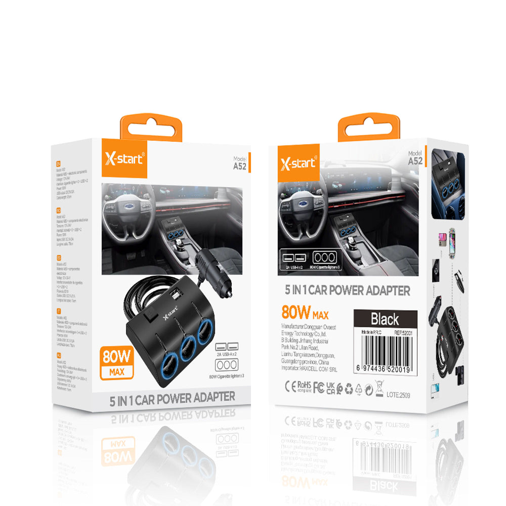 X-Start (A52) - Incarcator Auto, 5 in 1, 80W, 2xUSB-A, 3 Splitter, Black