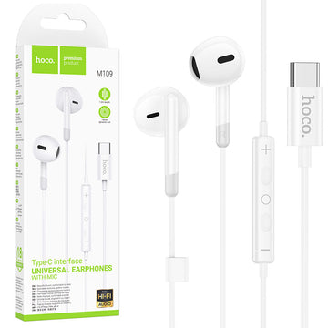 Casti cu Fir Hoco M109, In Ear, USB-C, 1.2m, Mic & Volume Key, HiFi - Alb