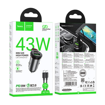 Incarcator Auto + Cablu Lightning Hoco NZ16A, 1m, PD43W, 1xUSB-C, 1xUSB-A - Gri