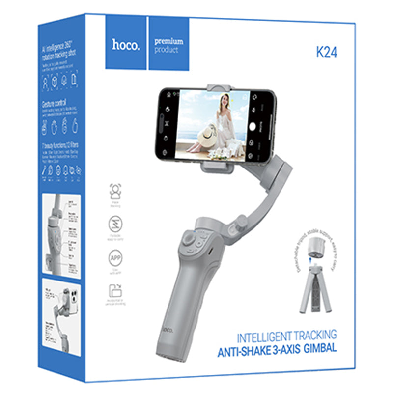 Hoco (K24) - Suport telefon cu Stabilizator 3 axe, tiPhone Gimbal, BT 5.2, 3600mAh, Grey