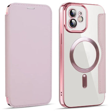 Husa MagFlip pentru iPhone 12, Magnet, RFID Protect, Piele, Chrome Edge - Roz