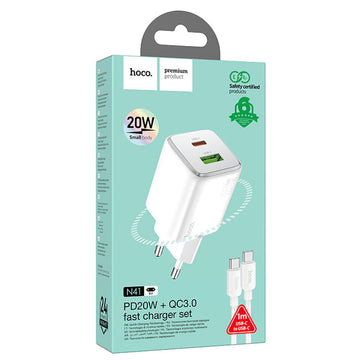Incarcator Retea + Cablu USB-C Hoco N41, 20W, 1xUSB-C, 1xUSB-A, PD, QC 3.0 - Alb