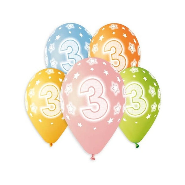 Baloane aniversare GoDan Party cifra 3, diverse culori, 444317, set 5 buc