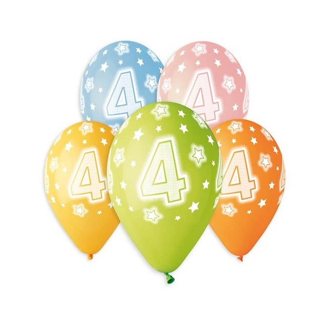 Baloane aniversare GoDan Party cifra 4, diverse culori, 444318, set 5 buc