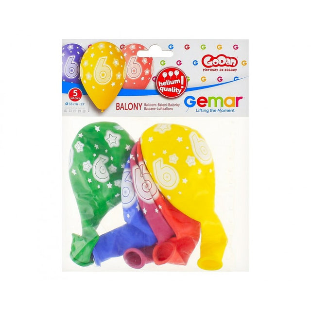 Baloane aniversare GoDan Party cifra 6, diverse culori, 444322, set 5 buc
