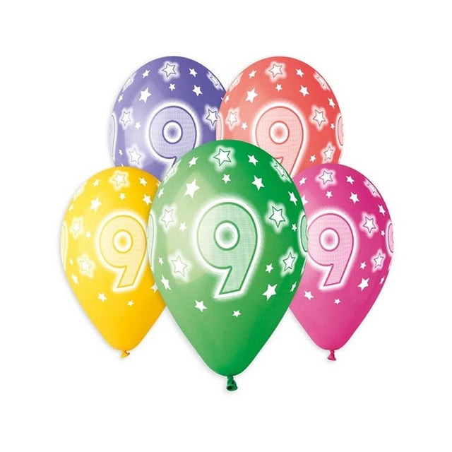 Baloane aniversare GoDan Party cifra 9, diverse culori, 444325, set 5 buc