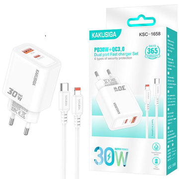 Incarcator Priza cu Cablu Kaku KSC-1658, Lightning, PD30W, 1xUSB-C, 1xUSB, FastCharging - Alb