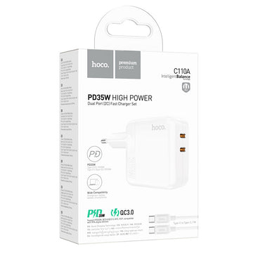 Incarcator Retea + Cablu USB-C Hoco C110A, 35W, 2xUSB-C, PD - Alb