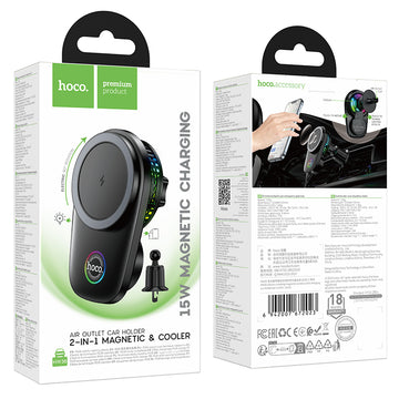 Suport Auto cu Incarcare Wireless 15W Hoco HW36, MagSafe 7.5W, Racire Activa - Negru