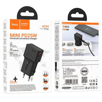 Adaptor Socket Hoco AC24, PD25W, 1xUSB-C, 1xUSB, MultiSockets - Negru
