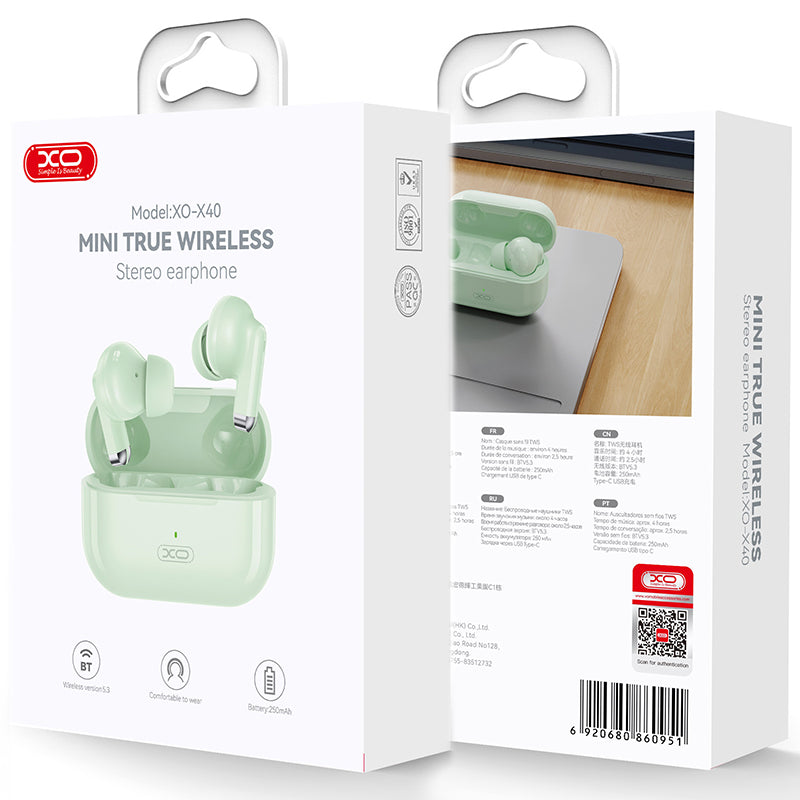 XO (X40) - Casti Wireless, Ear Buds, BT 5.3, 250mAh, Green