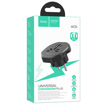 Adaptor Hoco AC6, Convertor Priza, Universal, EU Plug - Negru