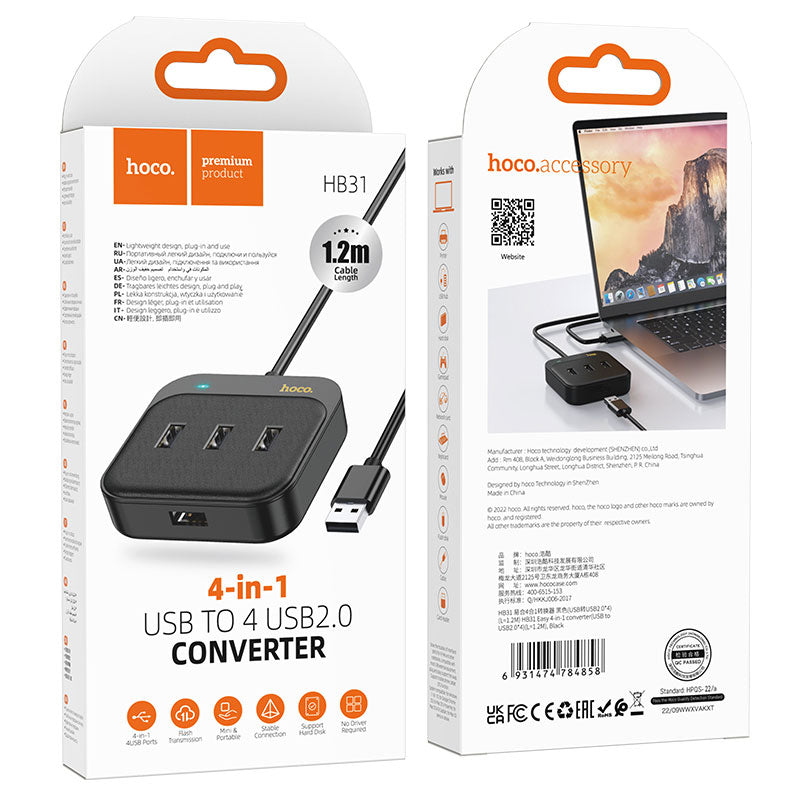 Hoco (HB31) - Hub USB, MultiPhoneort, USB-A la 4 x USB-A 2.0, 4 in 1, 1.2m, Black