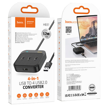 Hub USB Hoco HB31, Multiport, USB-A la 4 X USB-A 2.0, 4 in 1, 1.2m - Negru