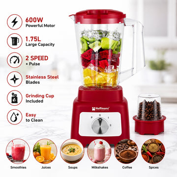 Blender cu rasnita Hoffmans HM-2102, 600W, vas 1.75L, 2 viteze + Pulse, recipient pentru macinare inclus, Red/White