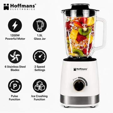 Blender Hoffmans HM-2075, 1200W, Vas din sticlă 1.5L, 6 lame inox, Funcție Pulse, Alb