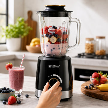Blender Hoffmans HM-2075, 1200W, Vas din sticlă 1.5L, 6 lame inox, Funcție Pulse, Negru