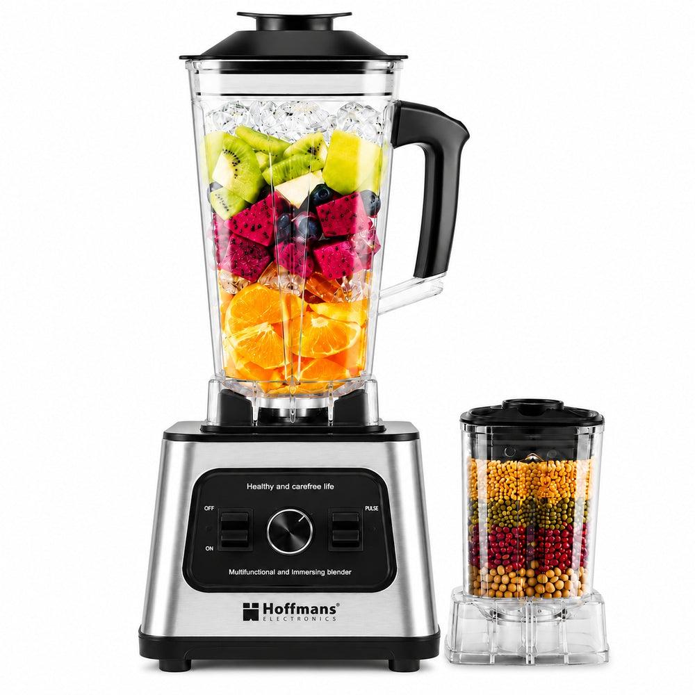 Blender profesional 2 in 1 Hoffmans HM-2108, 1800W, vas 2L, rasnita inclusa, Argintiu/Negru