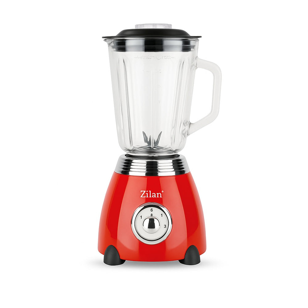 Blender Retro Zilan ZLN7057 Rosu, 500W, 1.5L, vas din sticla, lame din otel inoxidabil, functie Pulse, 2 trepte de viteza