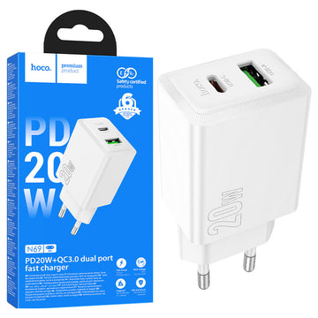 Hoco N69, Incarcatoare Priza, 1xUSB-C, 1XUSB-A, PD20W, QC3.0 Fast Charger - Negru