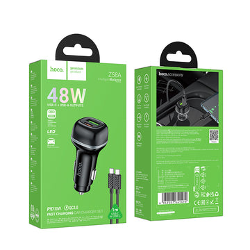 Incarcator Auto Hoco Z58A, PD48W, 1xUSB-C, 1xUSB QC3.0 + Cablu USB-C 60W, 1m, Fast - Negru