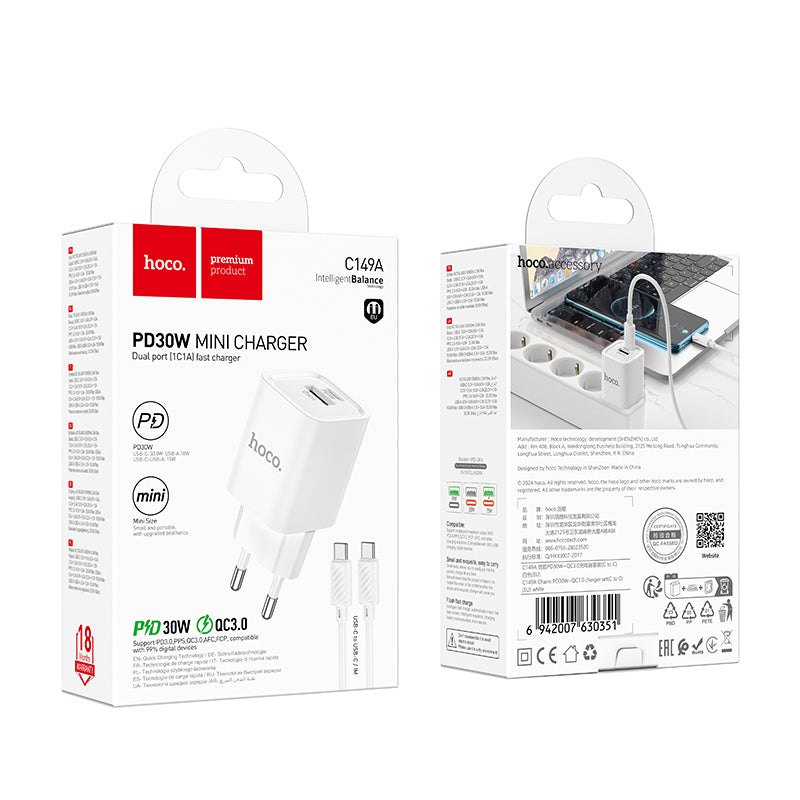 Hoco (C149A) - Incarcator Retea + Cablu USB-C, 1m, PD20W, 1xUSB-C, 1xUSB-A, White