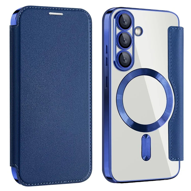 Husa MagFlip - Samsung S25, Magnet, RFID protect, Leather, Chrome Edge, Navy Blue