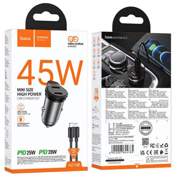 Incarcator Auto + Cablu Lightning Hoco NZ16B, 1m, PD45W, 2xUSB-C - Gri