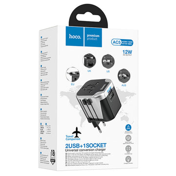 Adaptor Hoco AC5, Convertor Priza, 2xUSB-A, Universal, EU/UK/US/AUS - Negru