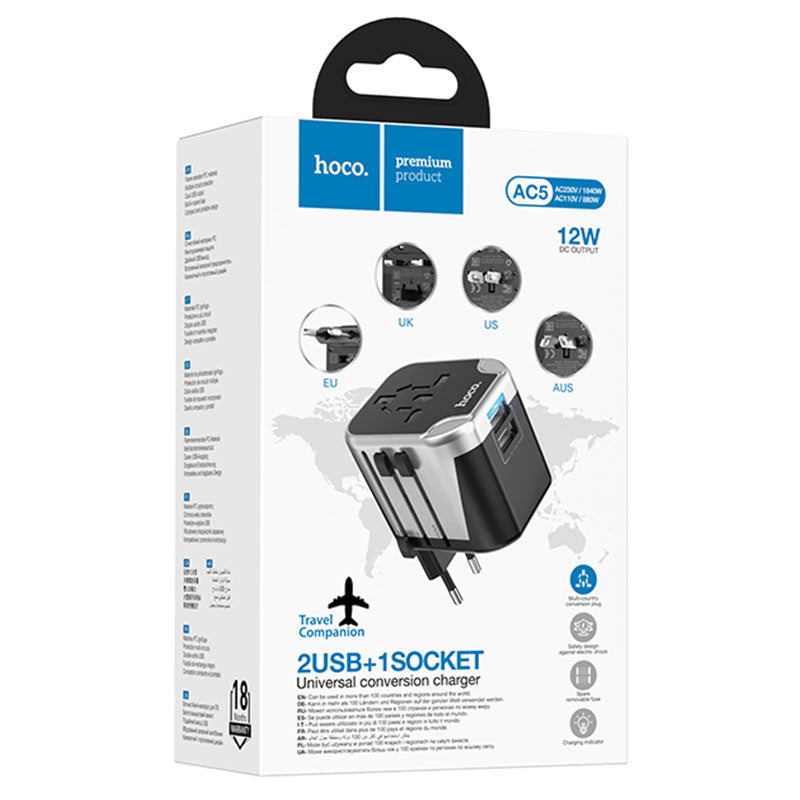 Hoco (AC5) - Convertor Priza, 2xUSB-A, Adaptor Universal, EU/UK/US/AUS, Black