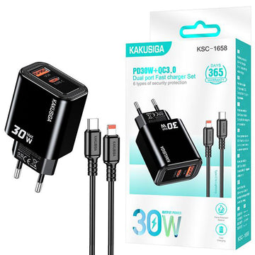 Incarcator Priza cu Cablu Kaku KSC-1658, Lightning, PD30W, 1xUSB-C, 1xUSB, FastCharging - Negru