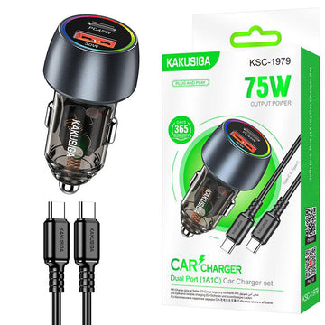 Incarcator Auto Kaku KSC-1979, PD75W, 1xUSB-C, 1xUSB + Cablu USB-C, 1m, Ambinet Light - Negru