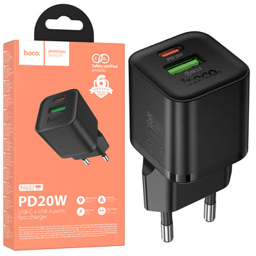 Hoco N65, Incarcatoare Priza, 1xUSB-C, 1XUSB-A, PD+3.0 QC - Negru