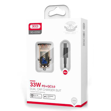 Incarcator Auto + Cablu USB-C XO CC50, 33W, 1xUSB-C, 1xUSB-A, PD, QC 3.0, Clear Design - Maro