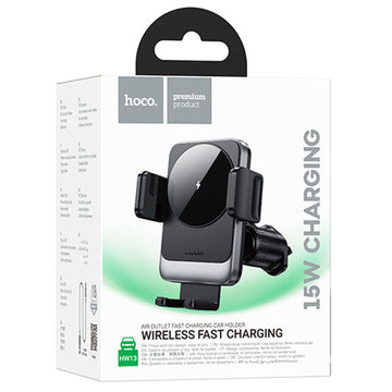 Suport Auto cu Incarcare Wireless Hoco HW13, cu Cleme Laterale, Ventilatie, AutoGravity - Negru