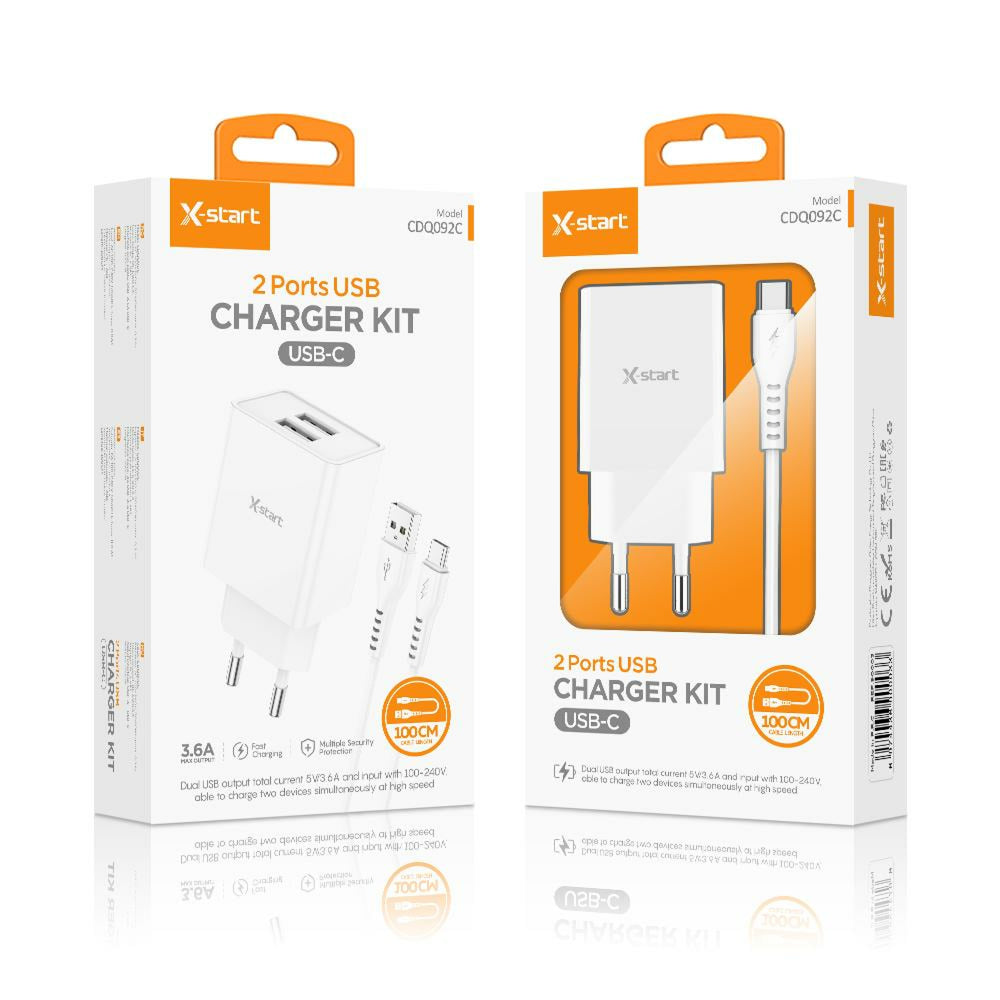 X-Start (CDQ092C) - Incarcator retea + Cablu USB-C, 3.6A,5V, 2xUSB-A, White