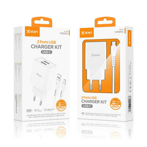 Incarcator Retea + Cablu USB-C X-Start CDQ092C, 3.6A, 5V, 2xUSB-A - Alb